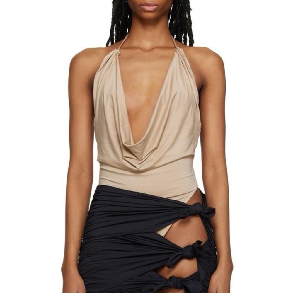 Gauge81 Taupe Draped Cowl Neck Bodysuit